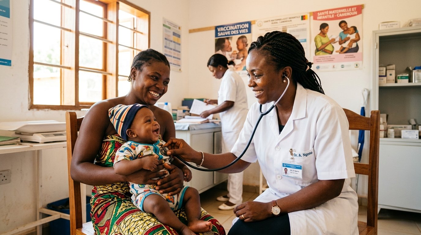 Cameroonian doctor caring for mother and infant at Compassion Care Clinic Bonaberi